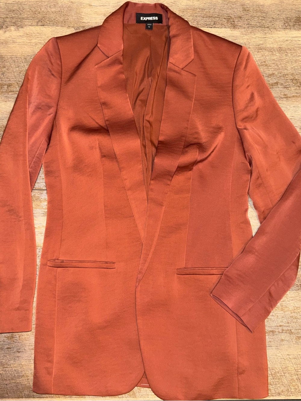 Express Satin Blazer XS Rust Orange Longline Tailored Jacket New w/ Vent Stitch